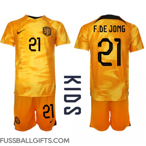 Niederlande Frenkie de Jong #21 Fußballbekleidung Heimtrikot Kinder WM 2022 Kurzarm (+ kurze hosen)
